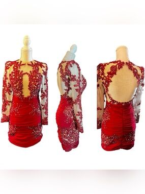 Vienna Red fully Embellished Long-Sleeve Cocktail Dress